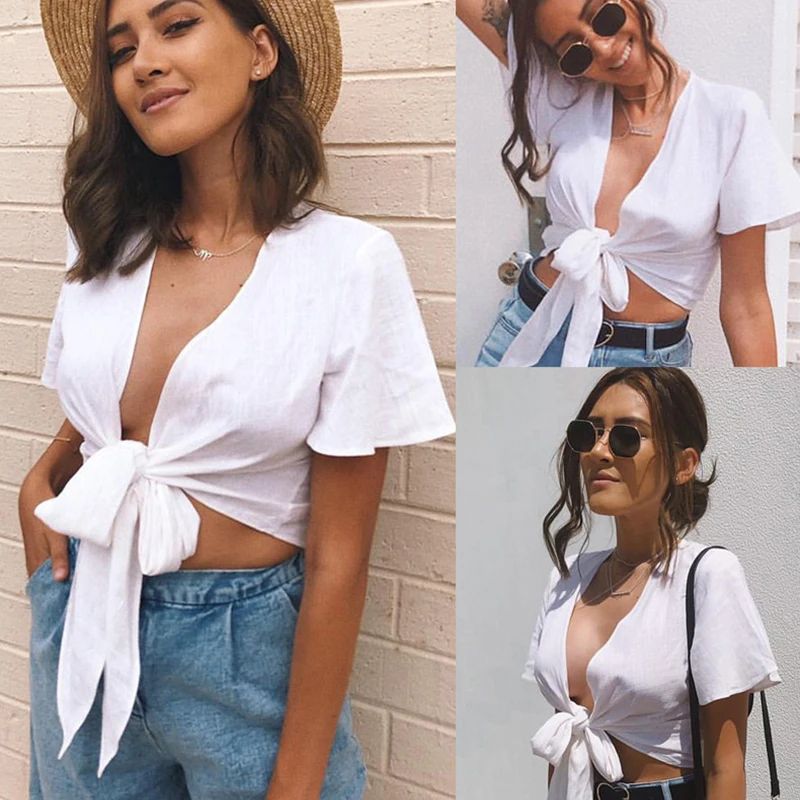 Solid Bow Tie Blouses Shirts Tank ops Women Summer Basic Sho