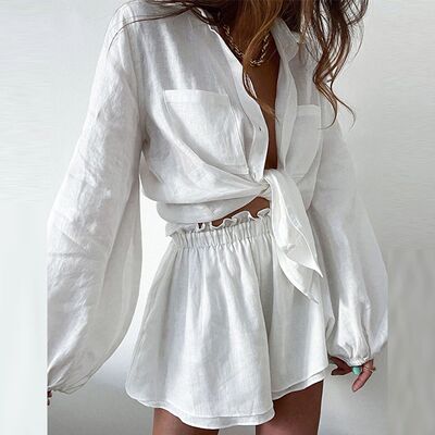 2024 Summer High Waist Ruffled Shorts Sets Casual Solid Loos