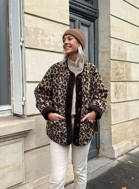 Women's Fashion New Unique Round Neck Single breasted Leopar