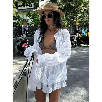 Summer White Long Sleeved Shirt Jacket Shorts Sets Female St