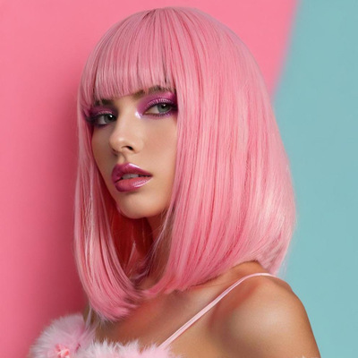 Female Pink Short Hair Bob With Full B Chemical Fiber Machin