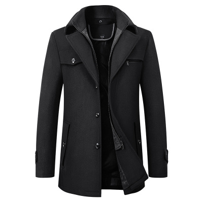 Double Collar Woolen Coat, Men's Casual Mid-length Coat, Cot