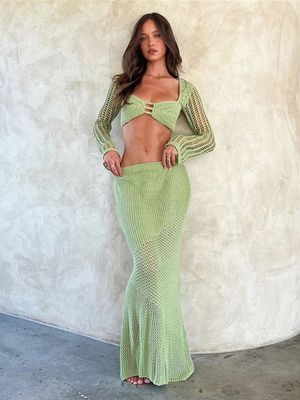 hirigin Women's Crochet Knit 2 Piece Skirt Set Hollow Out Cr