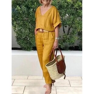 2024 Spring Cotton Linen Women's Tracksuit Suit V-neck Top D