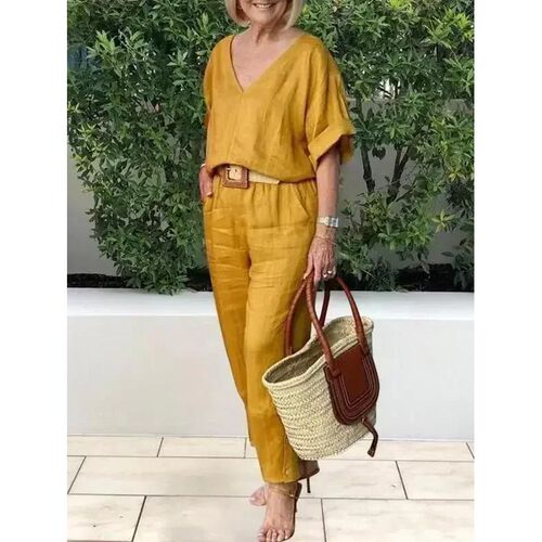 2024 Spring Cotton Linen Women's Tracksuit Suit V-neck Top D