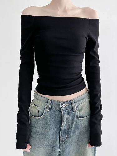 Black Solid Slash Neck Elegant Long Sleeve ops Korean Fashio