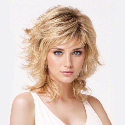 Women's Long Blonde Curly Hair Fluffy Slanted B Men's Long S