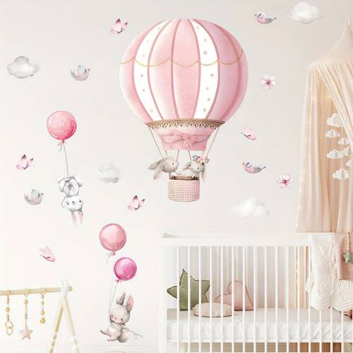 2pcs Cartoon Cute Rabbit Pink Balloon Clouds Wall Stickers f
