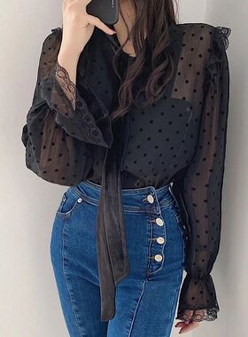 Spring and autumn shirt polka dot mesh velvet lace sweet lac