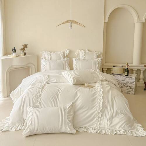 Korean Princess Style Lace Ruffles Bedding Set Solid Color D