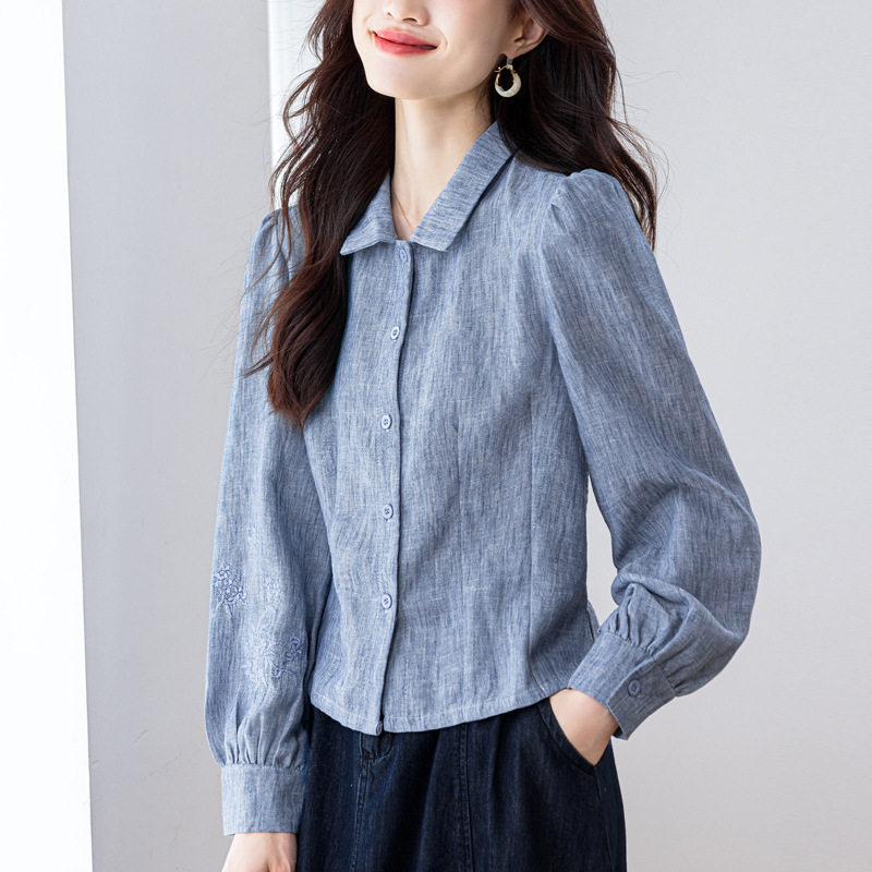 绿0亚麻衬衫女高端修身长