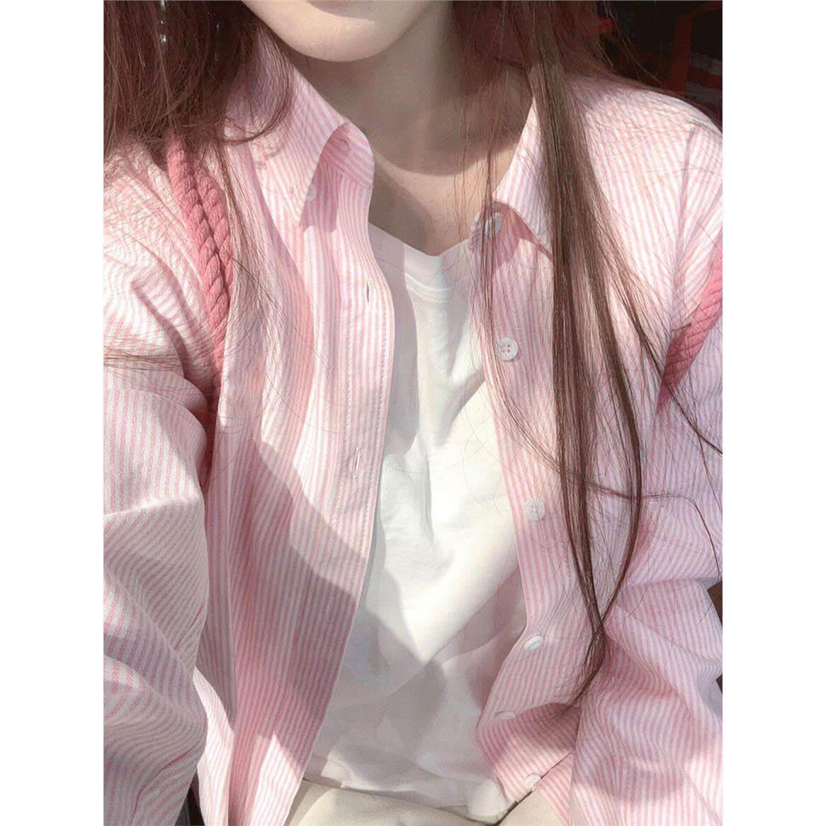 韩系粉色条纹衬衫上衣女