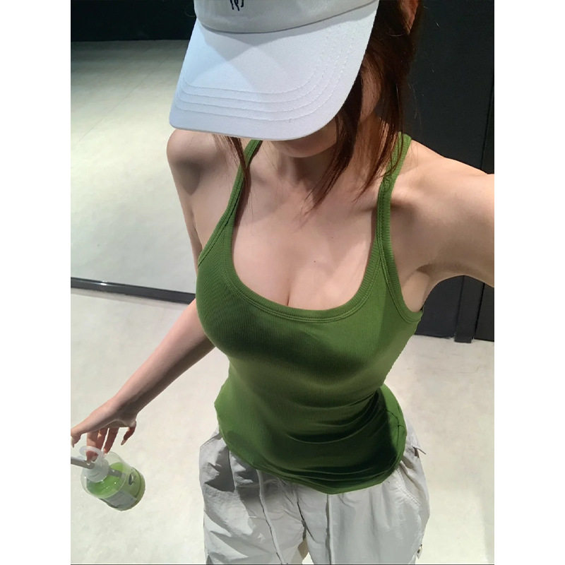 绿色吊带背心女带胸垫内搭夏