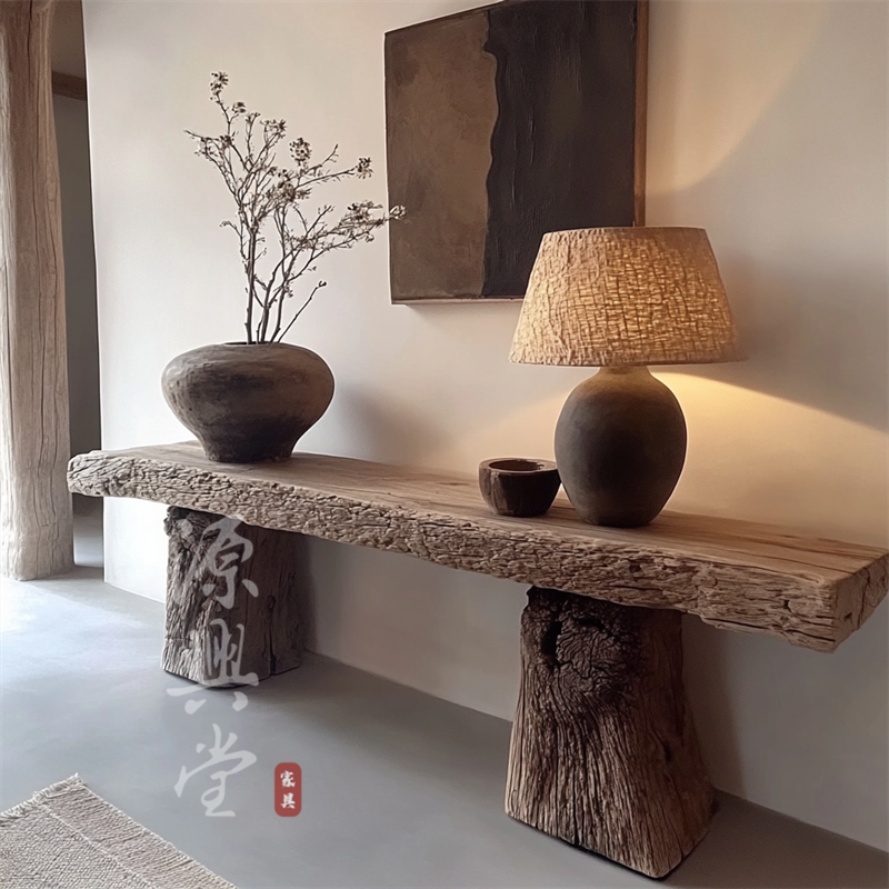侘寂风玄关台 条案自然原木老船木长案桌平头案供桌佛台 老船木