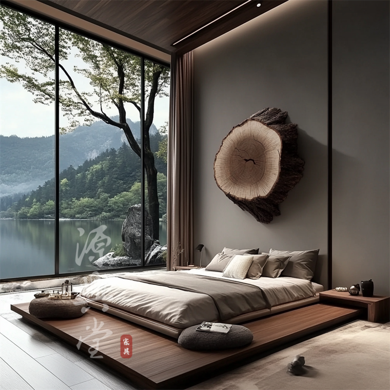 侘寂风家具实木矮床台床悬浮床双人床 定制别墅中古风日式矮床