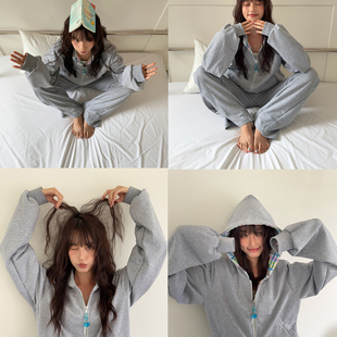 Aisement「糖果味」拼接波点格纹连帽开衫 拉链抓绒加绒卫衣