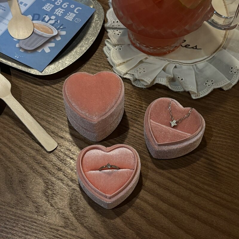 植绒粉色系列爱心戒指盒~项链求婚订婚表白对戒单戒收纳戒指盒