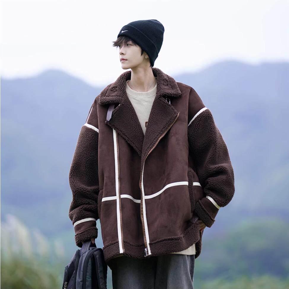 日系复古麂皮绒羊羔绒棉服男冬季加绒加厚皮毛一体外套少年感棉衣