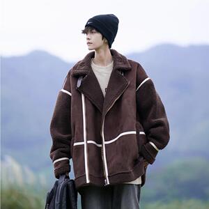 日系复古麂皮绒羊羔绒棉服男冬季加绒加厚皮毛一体外套少年感棉衣