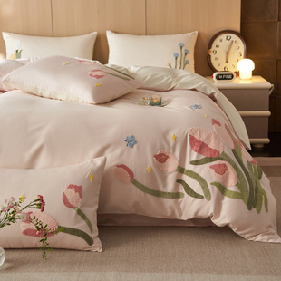 秋冬新品 100S全棉磨毛四件套女孩刺绣纯棉加厚被套床上用品绿粉色