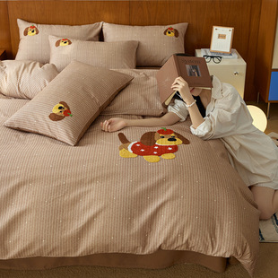 秋冬新款 毛巾绣加厚全棉磨毛四件套卡通纯棉床上用床单床笠枕套4