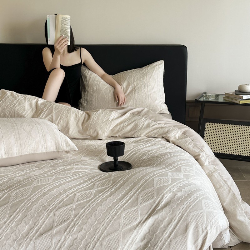 全棉100支提花四件套轻奢高级感纯棉床单被套母婴级床笠四季床品