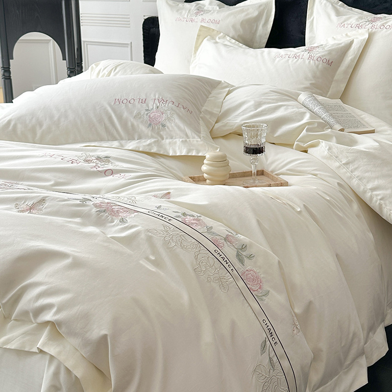 少女心A类200支长绒棉天丝四件套纯棉花卉刺绣被套全棉床笠款床品