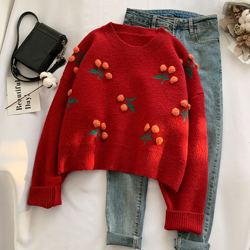 樱桃短款车厘子红色毛衣女秋冬韩版宽松外穿洋气2020新款套头上衣