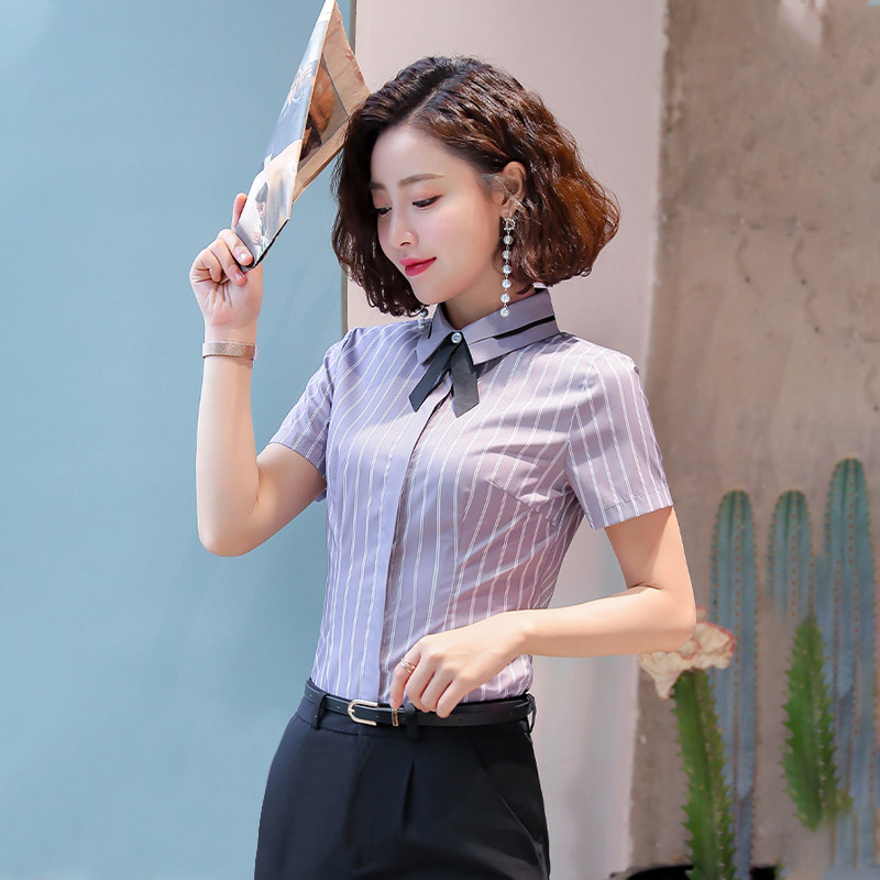 条纹衬衫女夏季短袖职业装韩版修身气质女士正装前台服务员工作服