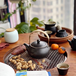 户外围炉冰茶桌烤肉方桌榆木复古圆形实木火锅桌子电磁炉一体商用