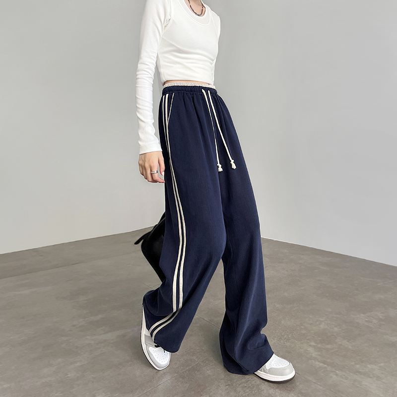 2024春秋新款双杠条纹阔腿运动裤