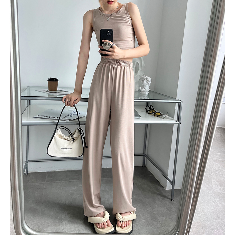 冰丝阔腿裤套装夏女薄款时髦洋气懒人两件套垂P感拖地针织直筒裤
