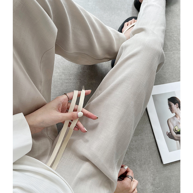 天丝亚麻阔腿裤女夏薄款高腰垂感松弛感苎麻老钱风棉麻窄版直筒裤