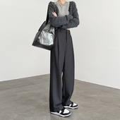 女秋冬2024新款 高腰垂感小个子窄版 直筒毛呢西装 灰色羊毛阔腿裤 裤