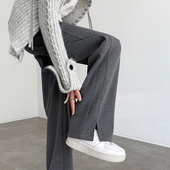 子女冬季 2025新款 毛呢加厚开叉直筒窄版 灰色加绒裤 醋酸羊毛阔腿裤