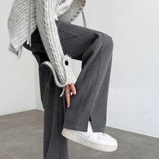 醋酸羊毛阔腿裤 灰色加绒裤 毛呢加厚开叉直筒窄版 2025新款 子女冬季