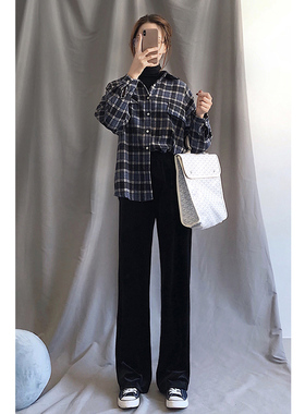 黑色金丝绒阔腿裤女秋冬高腰垂感加绒加厚小个子休闲直筒丝绒裤子