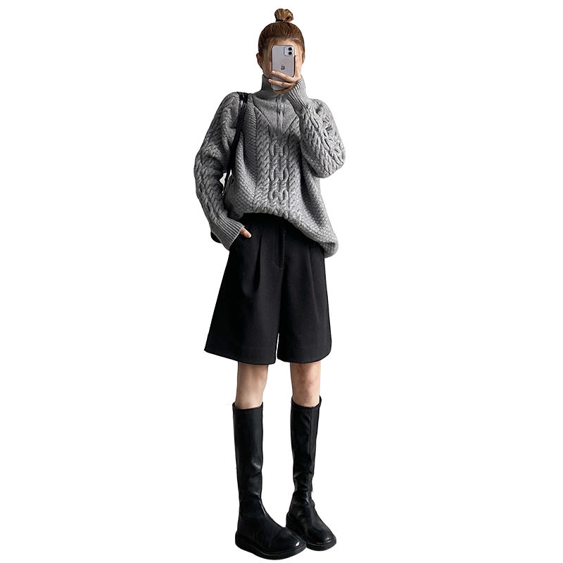 毛呢短裤女秋冬季2026年新款高腰a字外穿中裤黑色西装阔腿五分裤