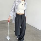 女春秋2025新款 高腰垂感高级感休闲窄版 直筒羊毛西装 灰色阔腿裤 裤