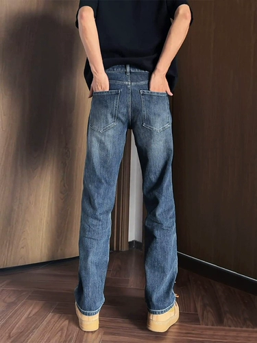 Синие джинсы, ретро длинные штаны, в американском стиле, облегающий крой, свободный прямой крой