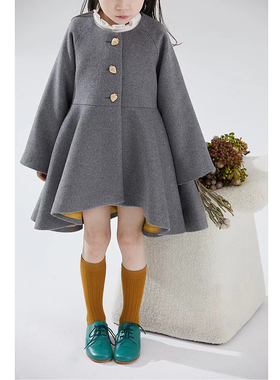 Aimie Kids 2023 春季新品 女童灰色浅羊毛不规则大下摆春装外套