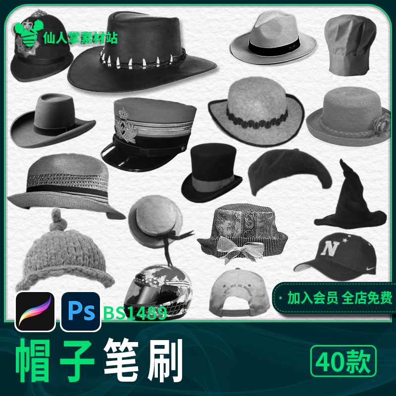 帽子礼帽鸭舌帽渔夫帽ps笔刷遮阳帽iPad笔刷设计素材