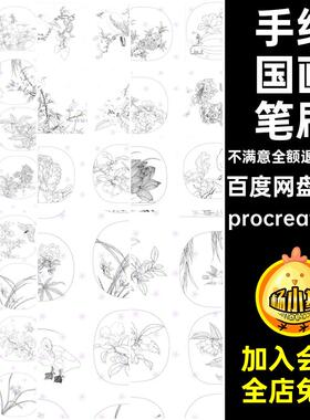 procreate笔刷ps笔刷手绘古风国风白描国画山水画花鸟素描线稿