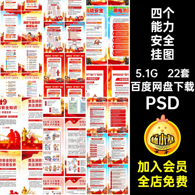 小场所防火安全挂图素材消防安全海报九知识宣传挂画22套四个能力
