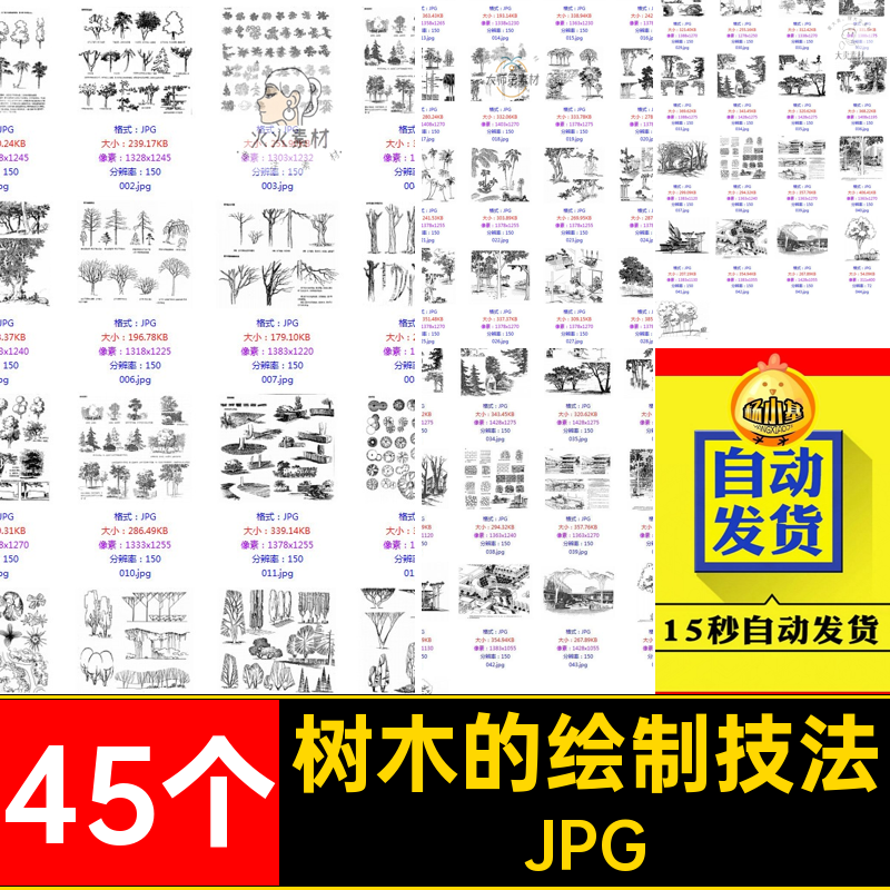 花草树木绘制技法JPGA5园林植物画法45个素描稿场景手绘风景素材