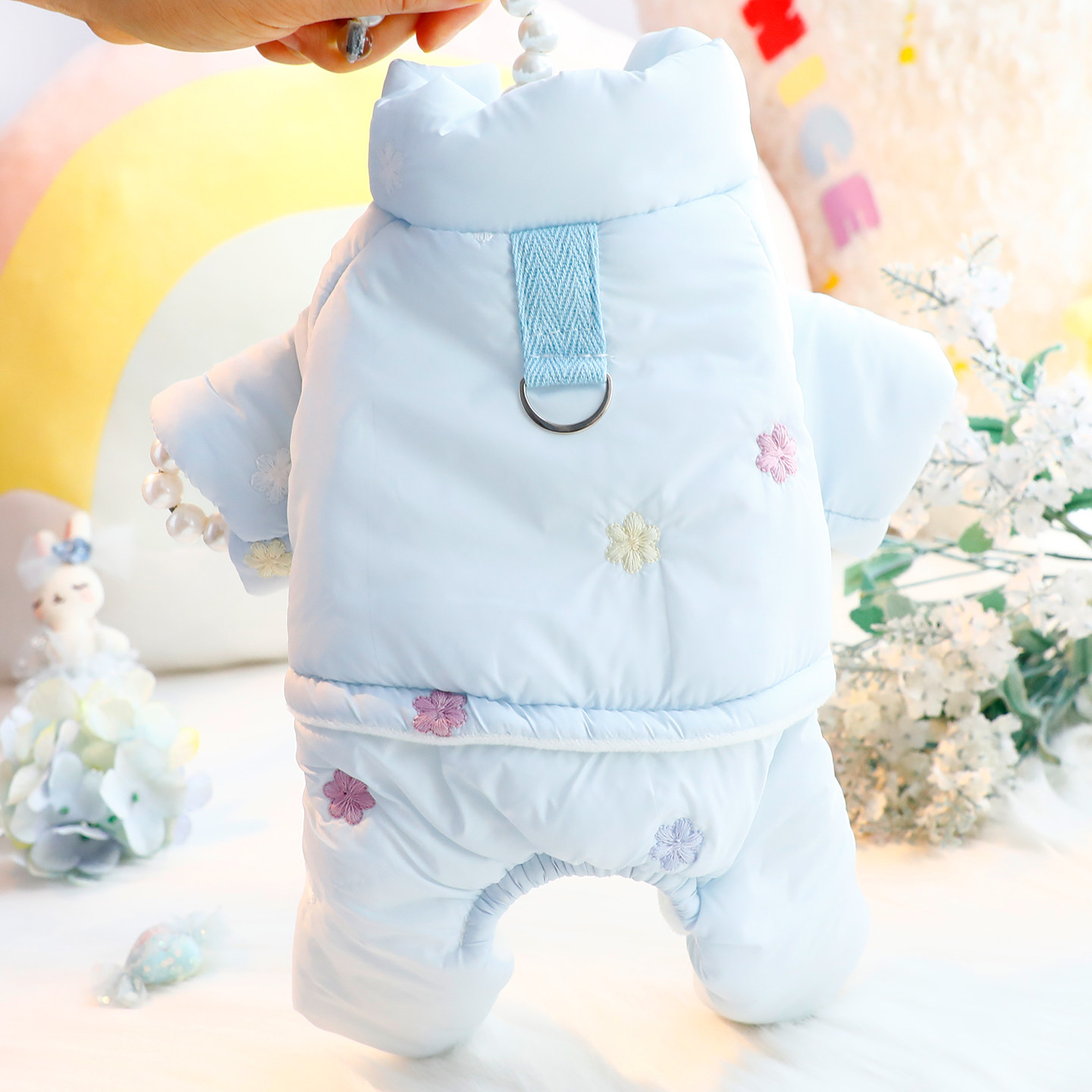狗狗衣服秋冬装厚款花朵刺绣棉衣四脚保暖可爱小型犬泰迪宠物7825