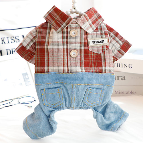 Accope狗狗格子衬衫牛仔四脚套装