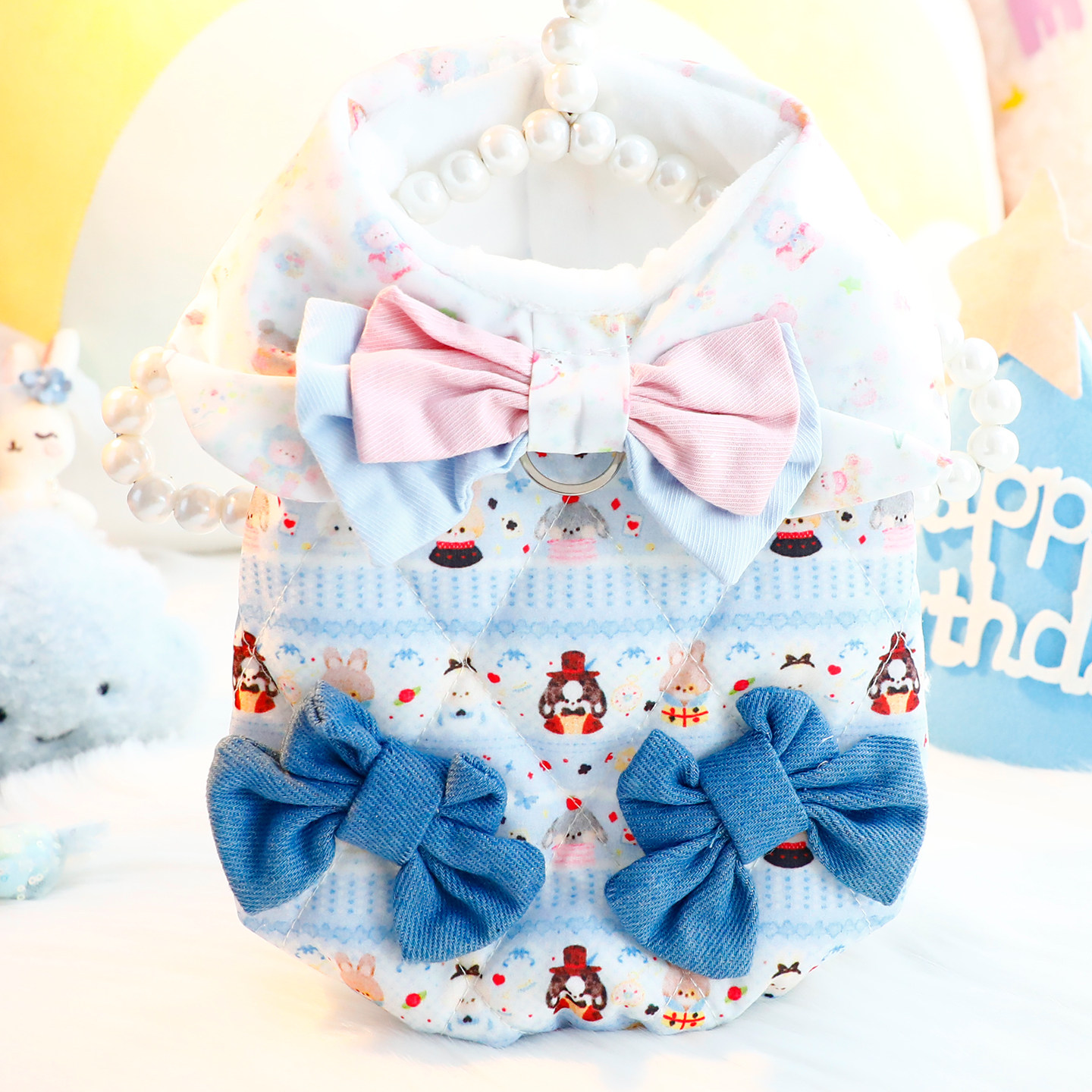 狗狗衣服秋冬装厚款猫可爱卡通棉衣牛仔蝴蝶结小型犬泰迪宠物7826