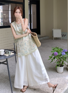 新中式国风提花流苏背心套装女2026夏设计感宽松休闲阔腿裤两件套