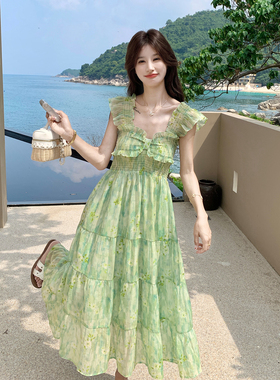 气质绿色小飞袖连衣裙女26夏新款特别漂亮掐腰小个子巨好看长裙子